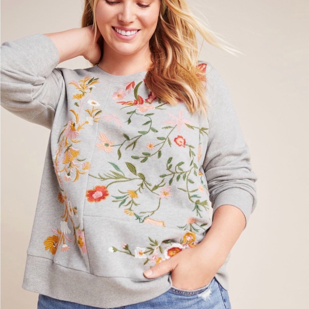 Anthropologie Maeve Embroidered Gray Cotton Knit Sweatshirt Size 1X